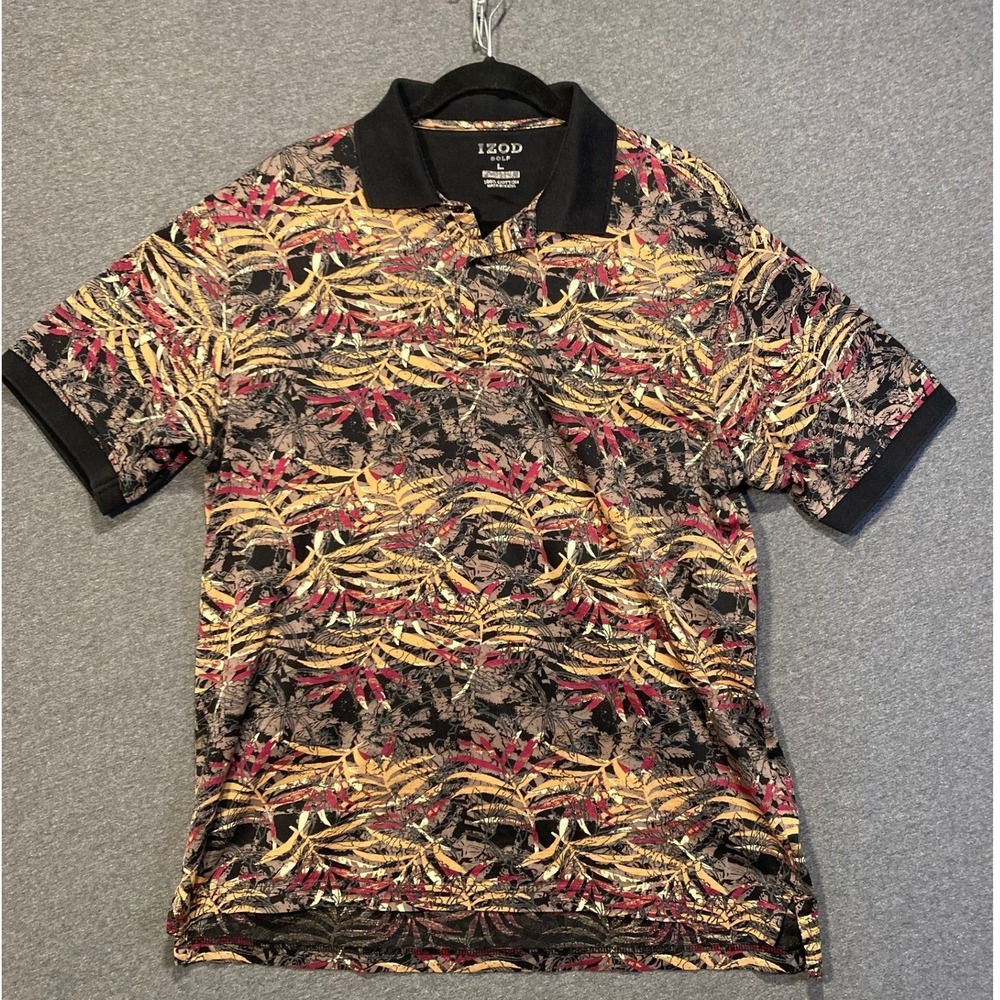 IZOD Mens Tropical Floral Polo Shirt Black Red Short Sleeve Vintage‎ F08 4568200
